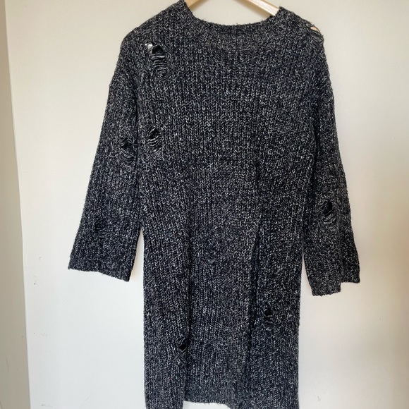Long Black Knit Sweater with Slit in the front and distressed holes - Small - Picture 8 of 11